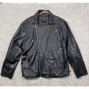 REASON Mens XL Black Faux Leather Biker Moto Jacket Quilted Zip Pockets MJ1-03